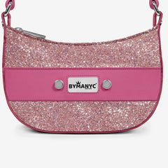 Pink glitter handbag with a visible brand logo on a white background