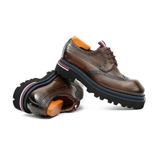 Handcrafted Square Toe Brogue Shoes with Thick Sole Coffee