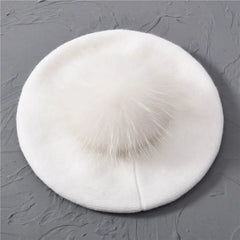 Winter Women's Knitted Wool Beret with Natural Raccoon Fur Pom-Pom Family Shopolf