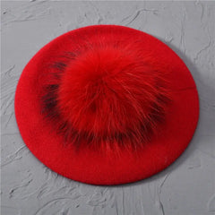 Winter Women's Knitted Wool Beret with Natural Raccoon Fur Pom-Pom Family Shopolf