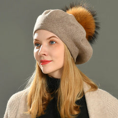 Winter Women's Knitted Wool Beret with Natural Raccoon Fur Pom-Pom