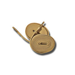 Pair of tan shoelaces with a brand logo on a white background