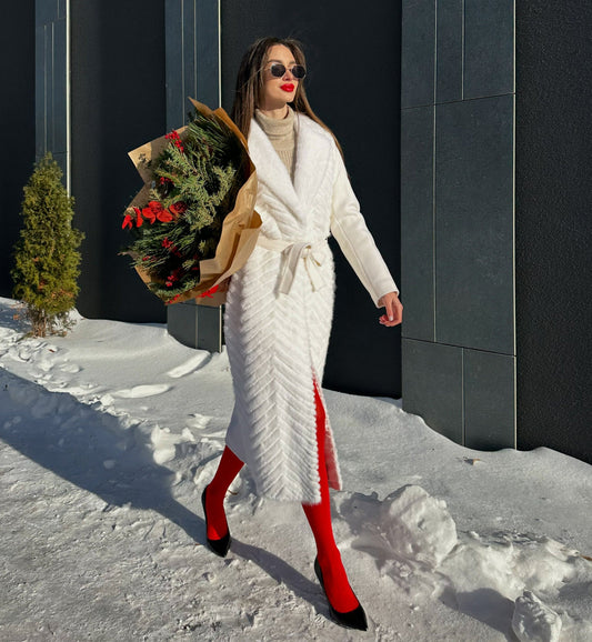 Genuine Mink Fur Rex Fur Trim Virgin Wool Coat in White Alaska® Outerwear Company