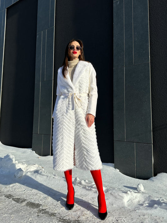Genuine Mink Fur Rex Fur Trim Virgin Wool Coat in White Alaska® Outerwear Company