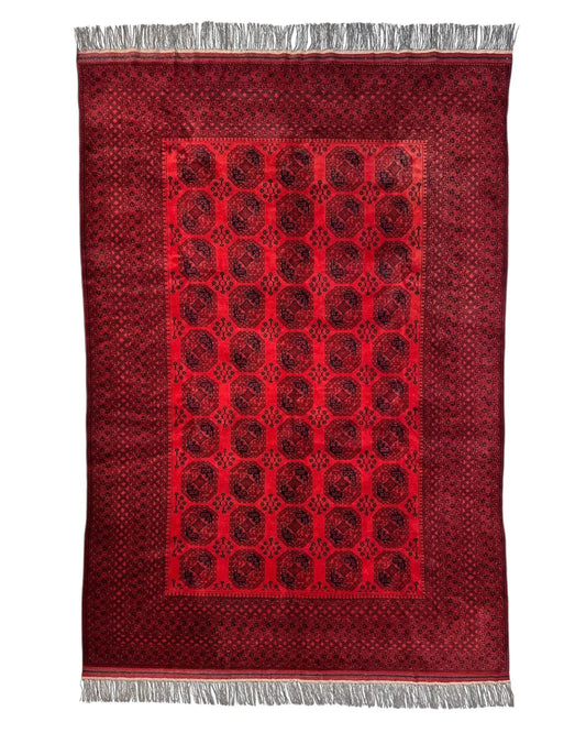 Hand-Knotted Turkoman Ersari Wool Rug – 6’7” x 9’6” – Rich Red Tones, Geometric Design Rugistan