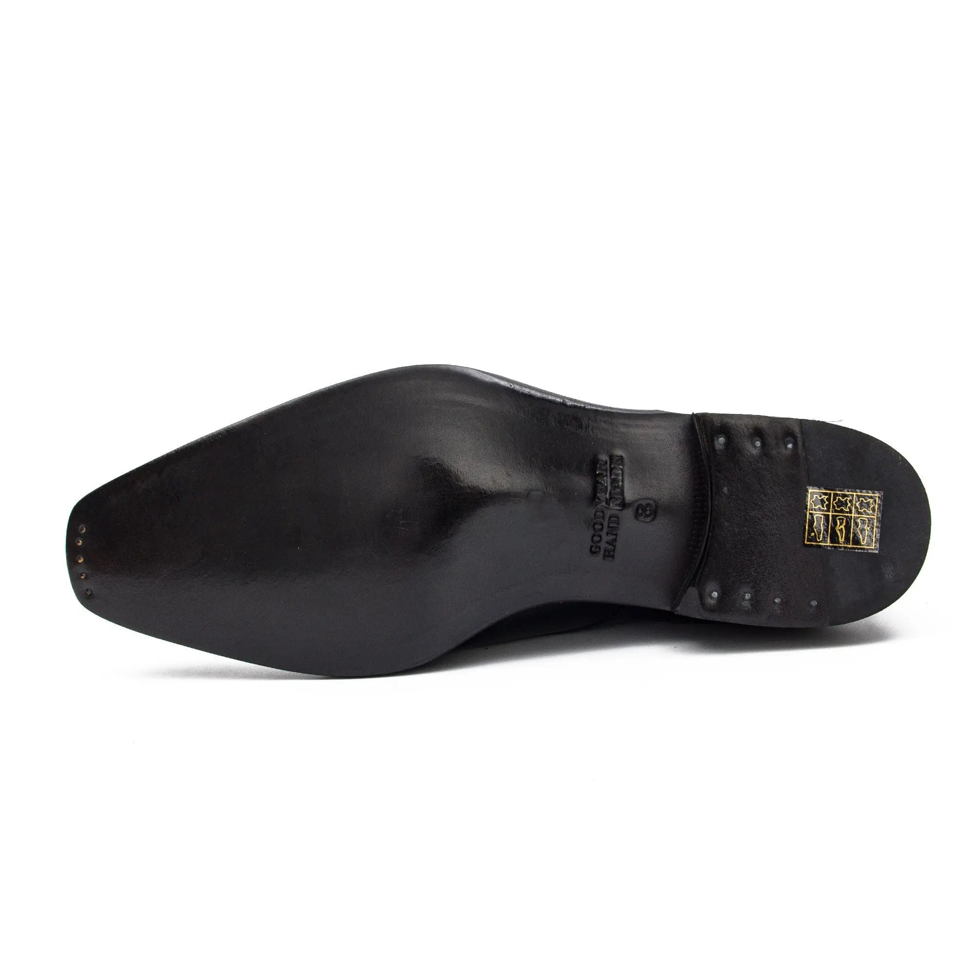 Black shoe sole with brand logo on a white background