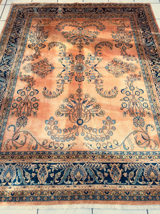 Hand-Knotted Indo-Sarouk Wool Rug – 8' x 10' – Peach Field with Navy Border Rugistan