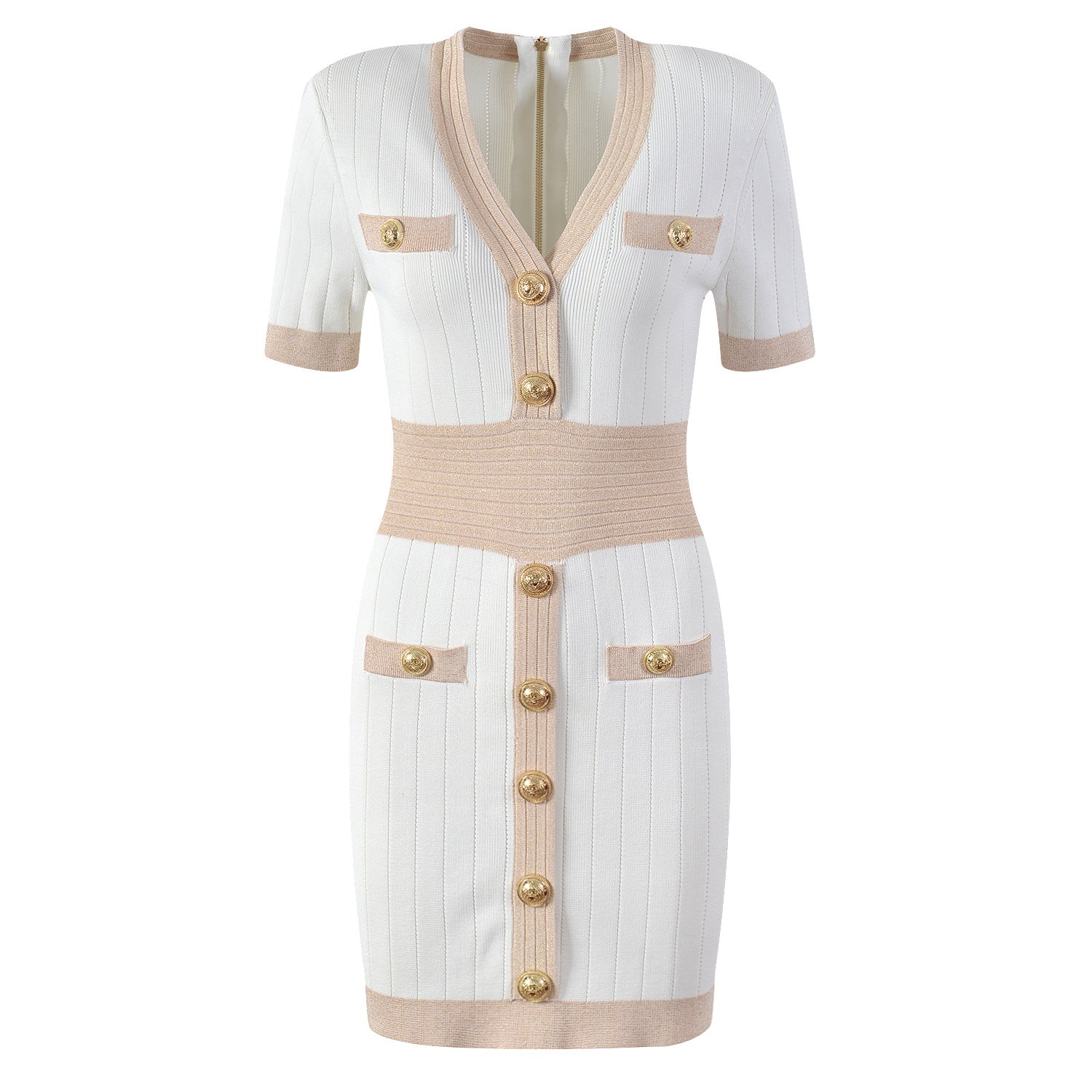 White dress with beige accents and gold buttons on a white background