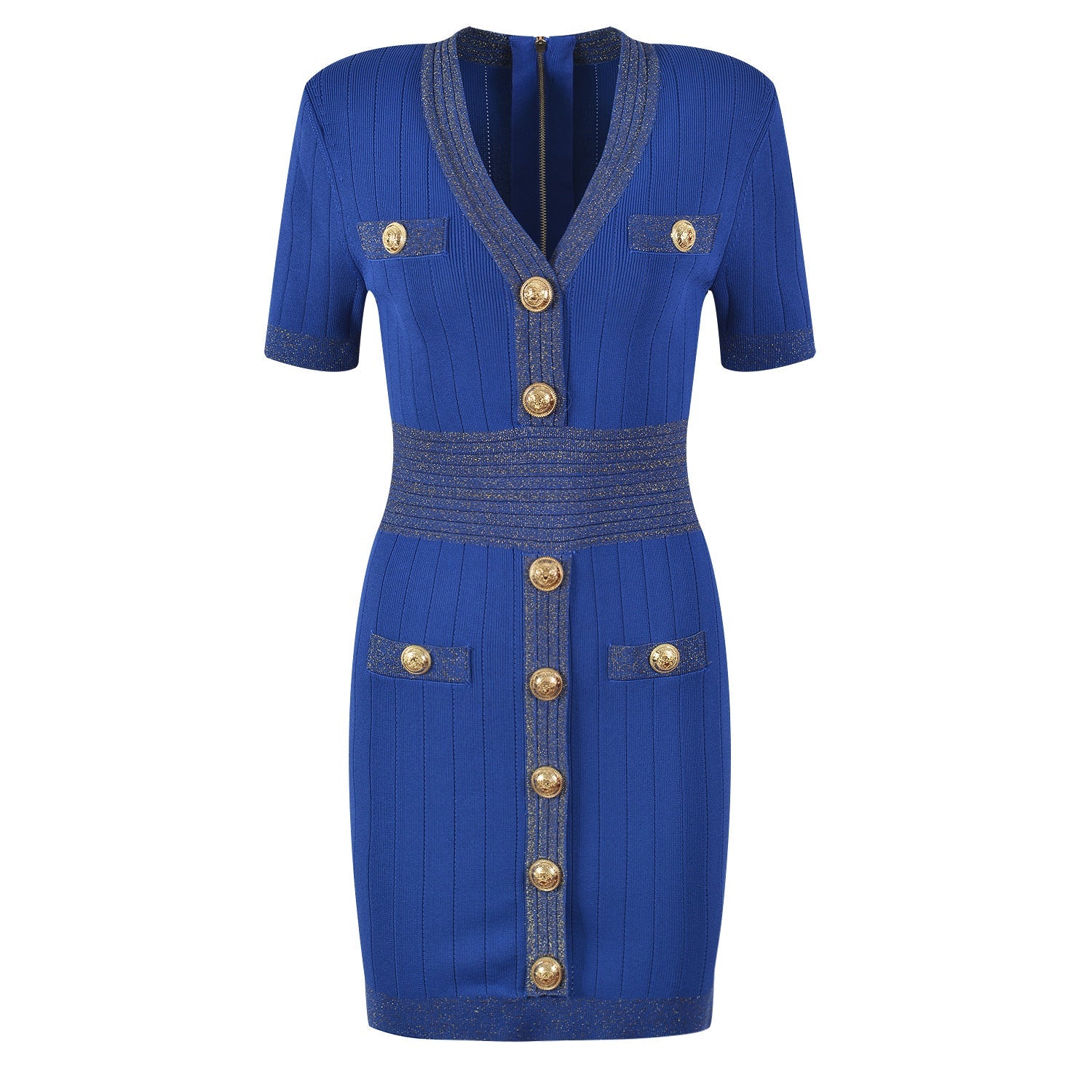 Blue dress with gold buttons on a white background