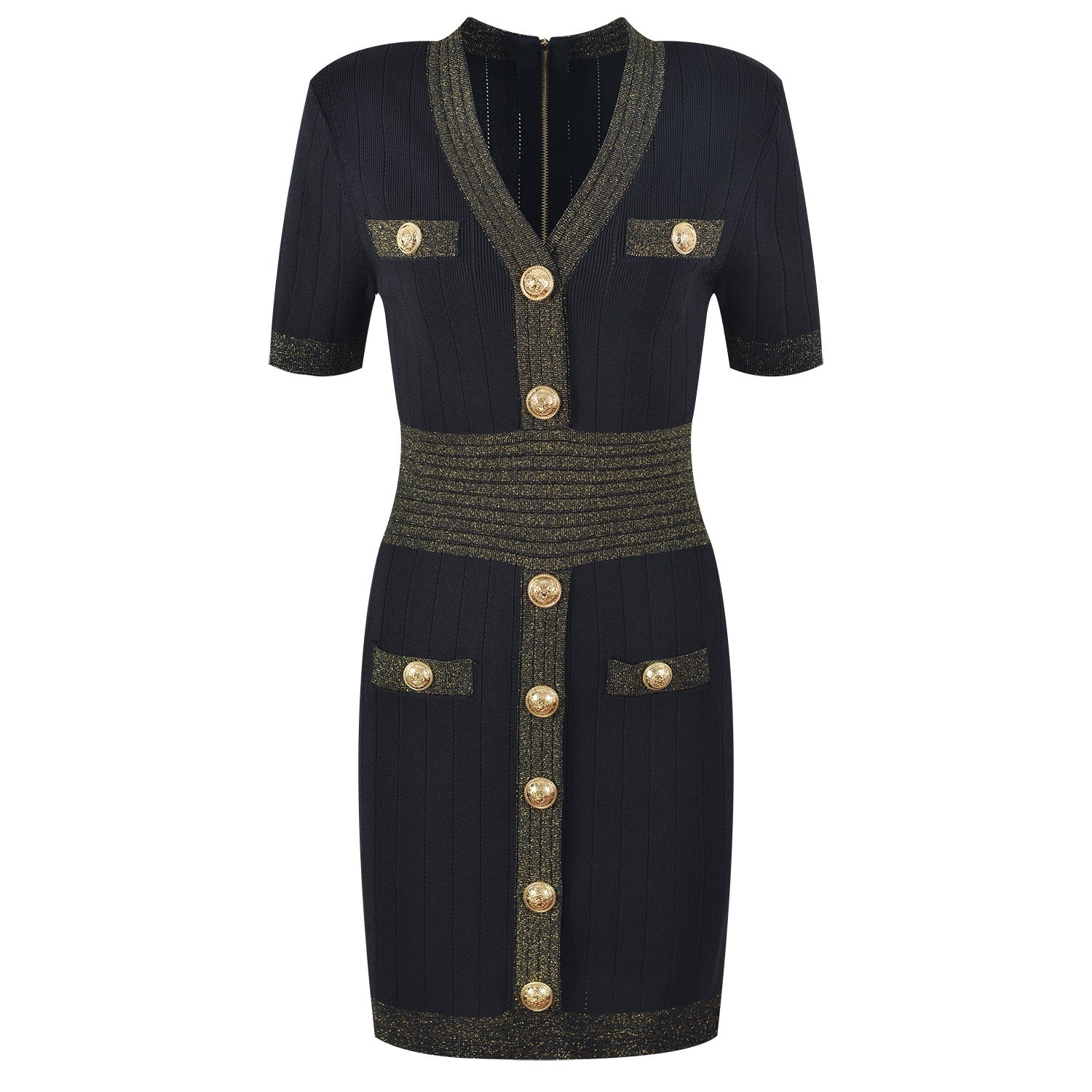 Black dress with gold buttons and trim on a white background
