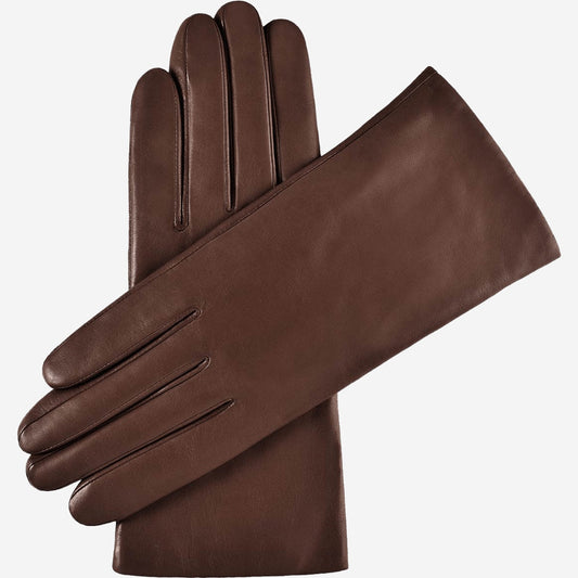 Pair of brown leather gloves on a white background