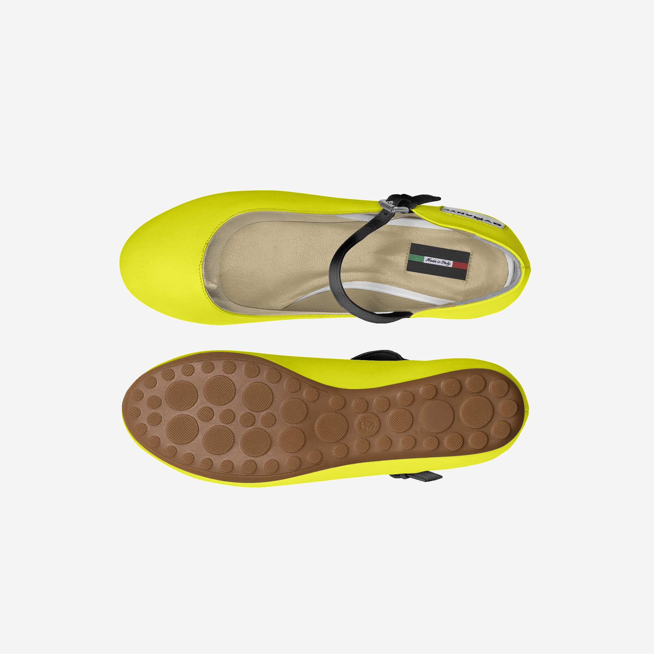 Flip-flop sandal with yellow sole and brown bottom on a white background