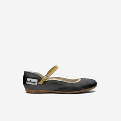 Black ballet flat shoe with a yellow strap on a white background