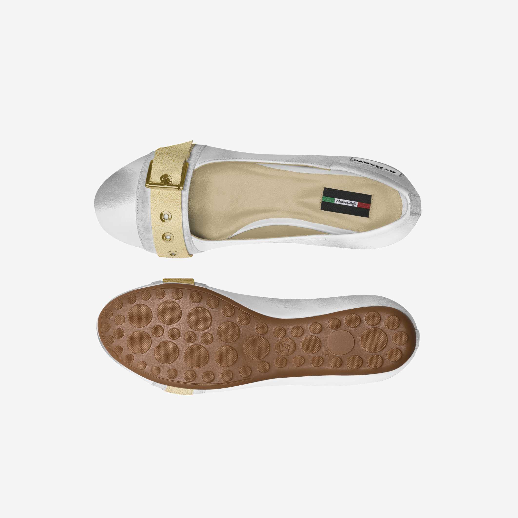 White flat shoe with gold buckle and visible brand logo on a white background