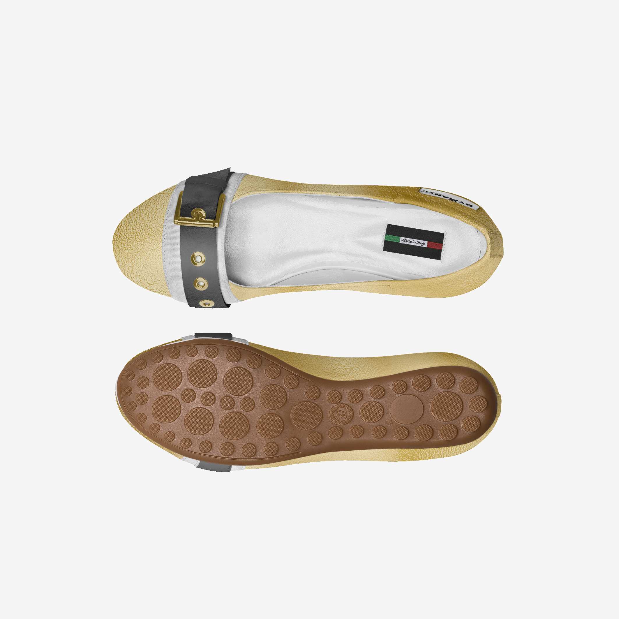 Top and bottom views of a sandal with a strap on a white background