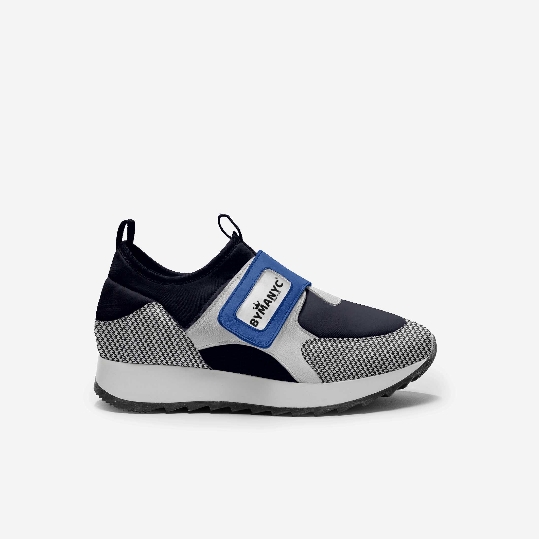 Sneaker with blue strap and patterned design on a white background