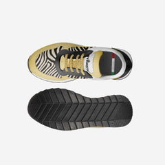 Sneaker with zebra pattern and black sole on a white background