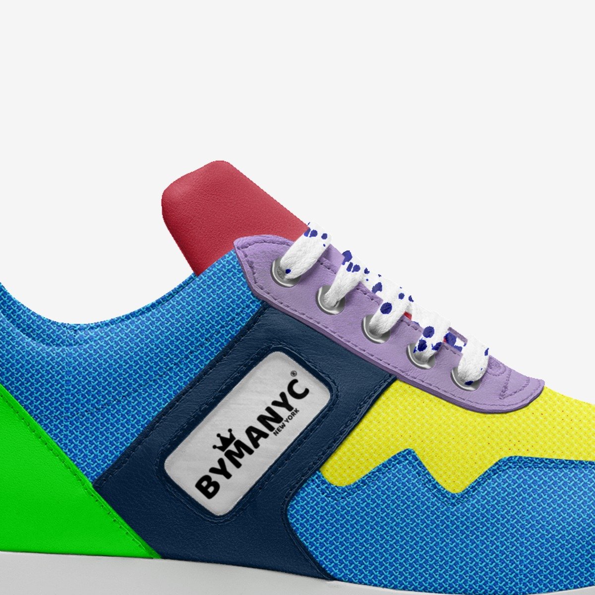 Colorful sneaker with 'BYMANYC' logo on a white background