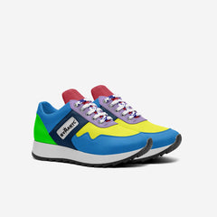 Colorful sneakers with a brand logo on a white background