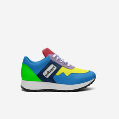 Colorful sneaker with a visible brand logo on a white background