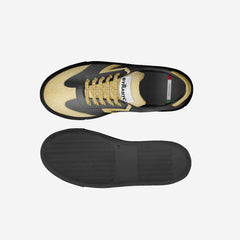 Black and beige sneaker with brand logo on a light gray background