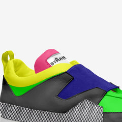 Colorful sneaker with a visible brand logo on a white background