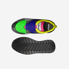 Top and side view of a colorful shoe with brand logo on a light gray background