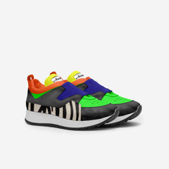 Multicolored sneaker with zebra pattern sole on a white background