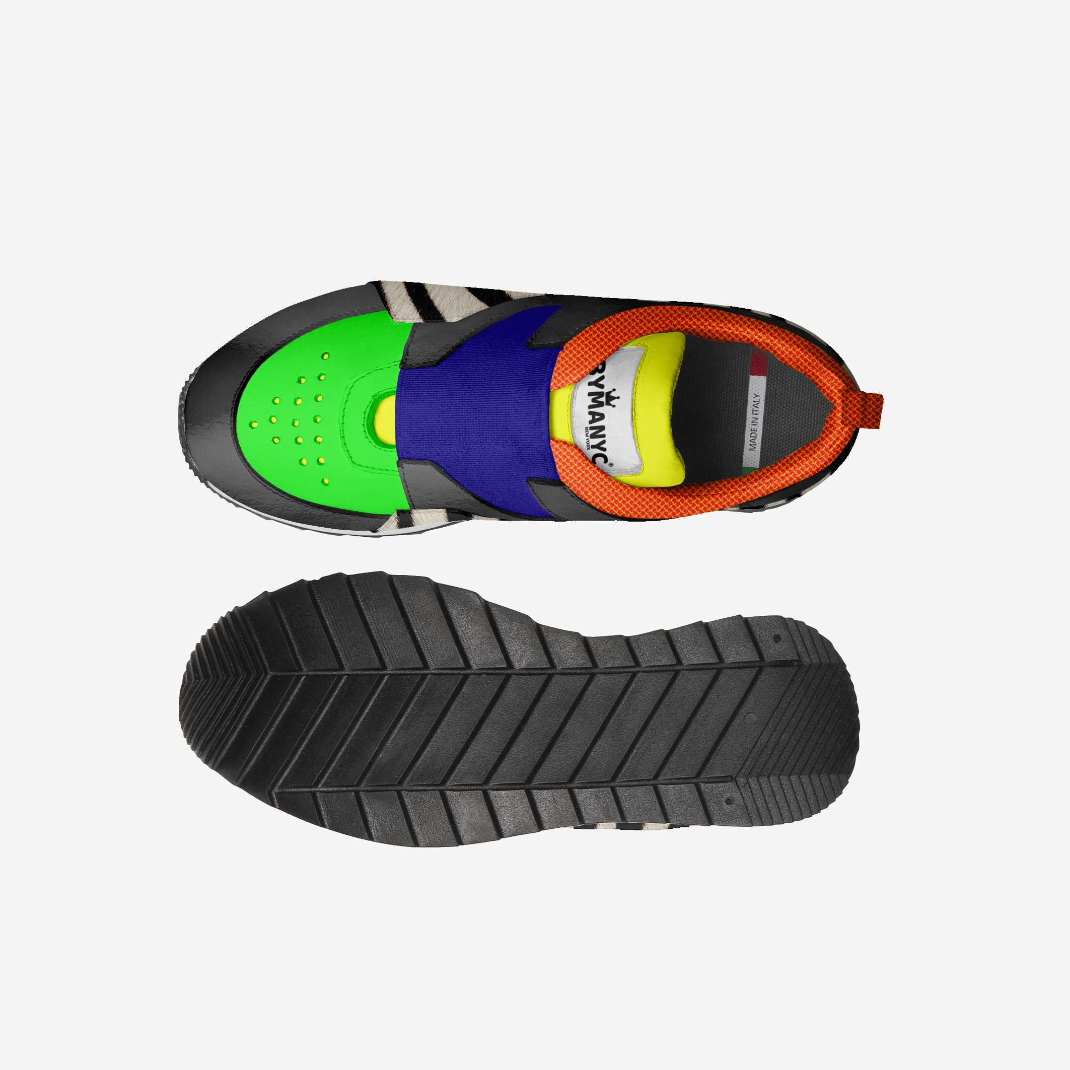 Top view of a shoe with colorful sole and black sole on a white background