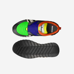 Top view of a shoe with colorful sole and black sole on a white background