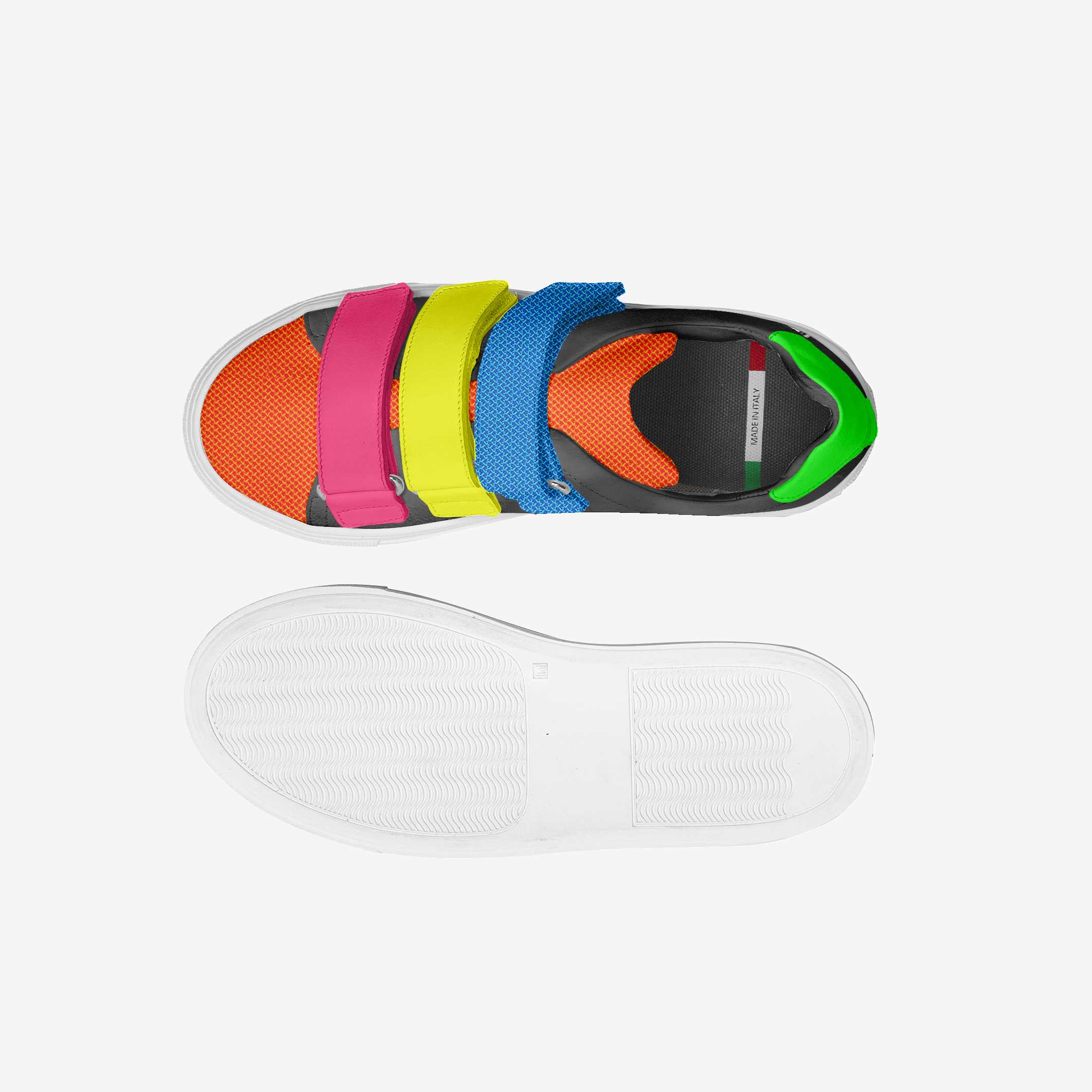 Colorful slide sandal with multiple straps on a white background