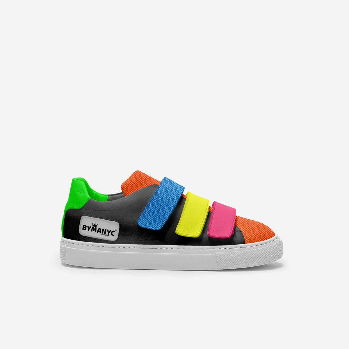 Black sneaker with colorful straps on a white background