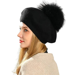 Women's Knitted Wool Beret | Raccoon Fur Pom-Pom