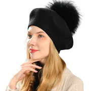 Winter Women's Knitted Wool Beret with Natural Raccoon Fur Pom-Pom