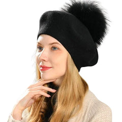 Women's Knitted Wool Beret | Raccoon Fur Pom-Pom