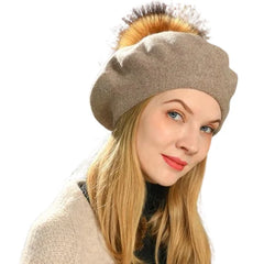 Women's Knitted Wool Beret | Raccoon Fur Pom-Pom