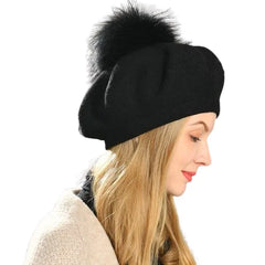 Women's Knitted Wool Beret | Raccoon Fur Pom-Pom