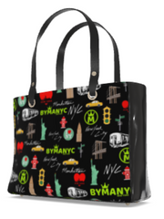 Tote bag with New York City-themed design on a black background
