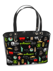 Black tote bag with colorful NYC-themed design on a white background