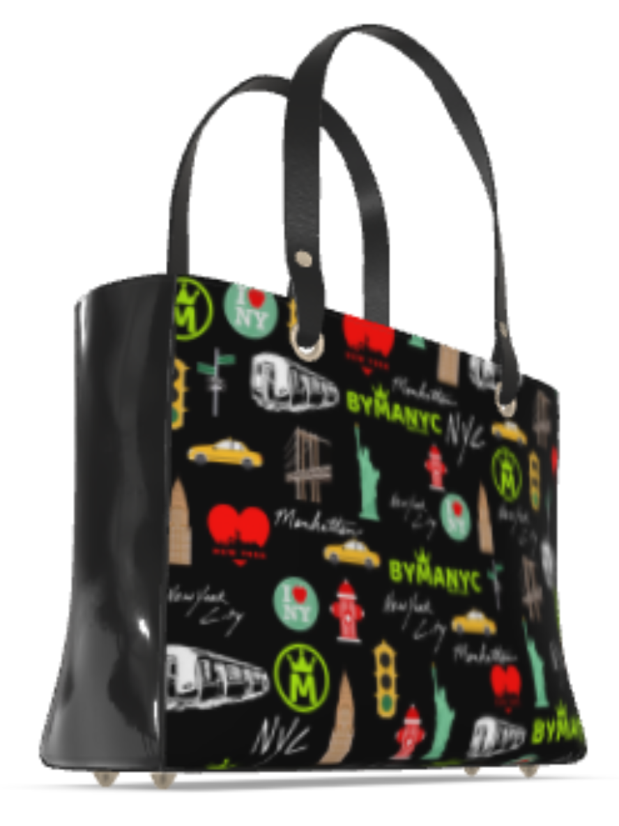 Black tote bag with colorful NYC-themed graphics on a white background