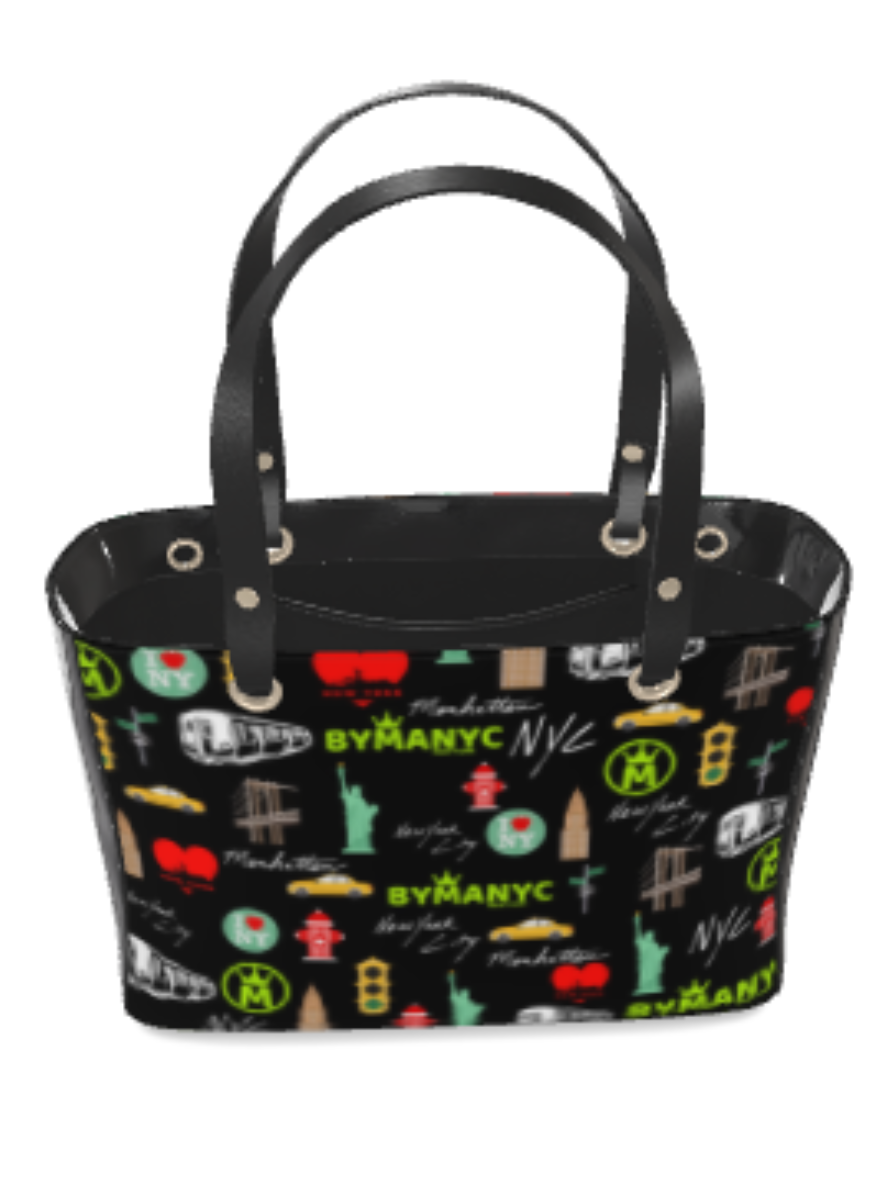 Black tote bag with colorful New York-themed designs on a white background