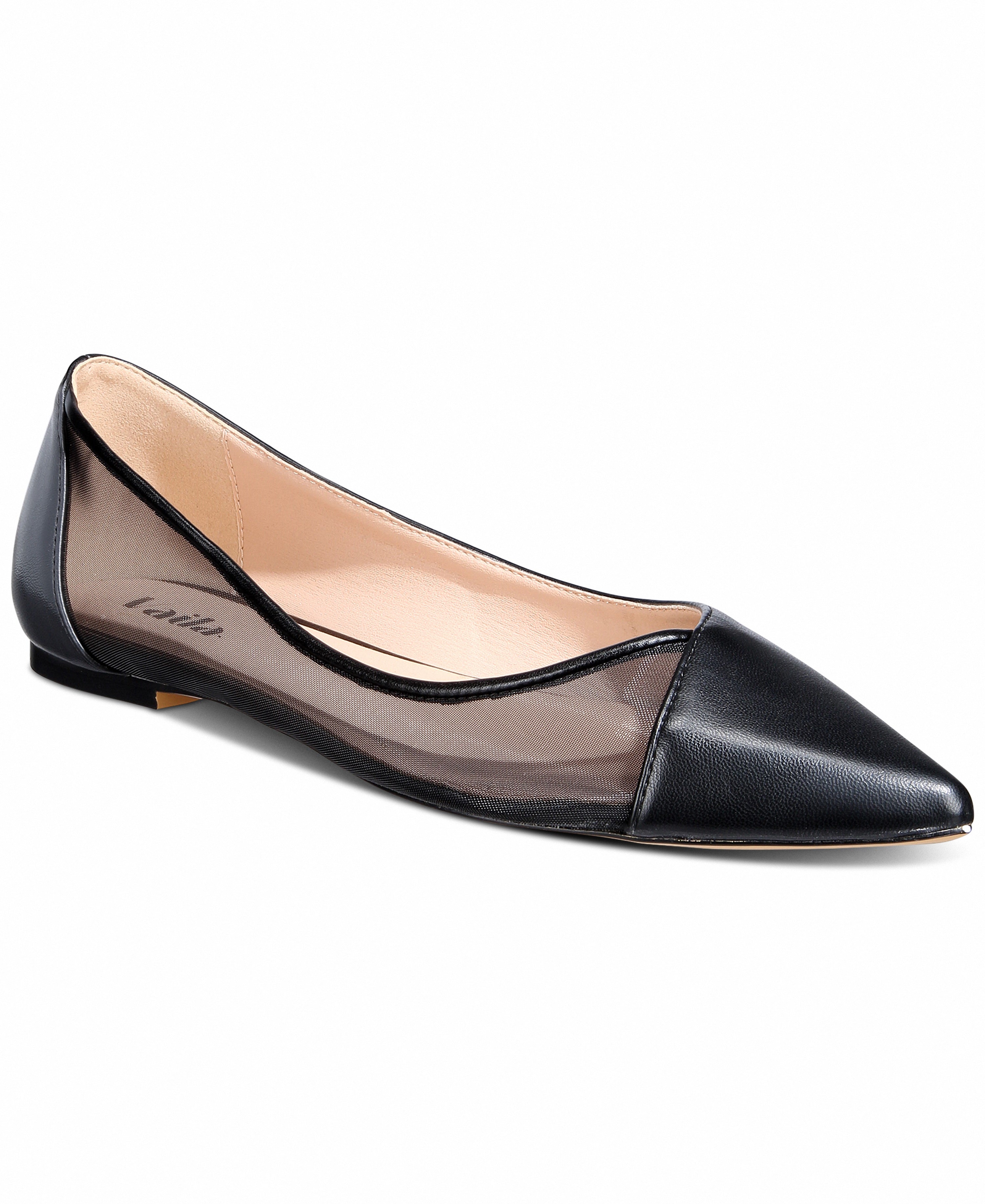 Black flat shoe with sheer overlay on a white background