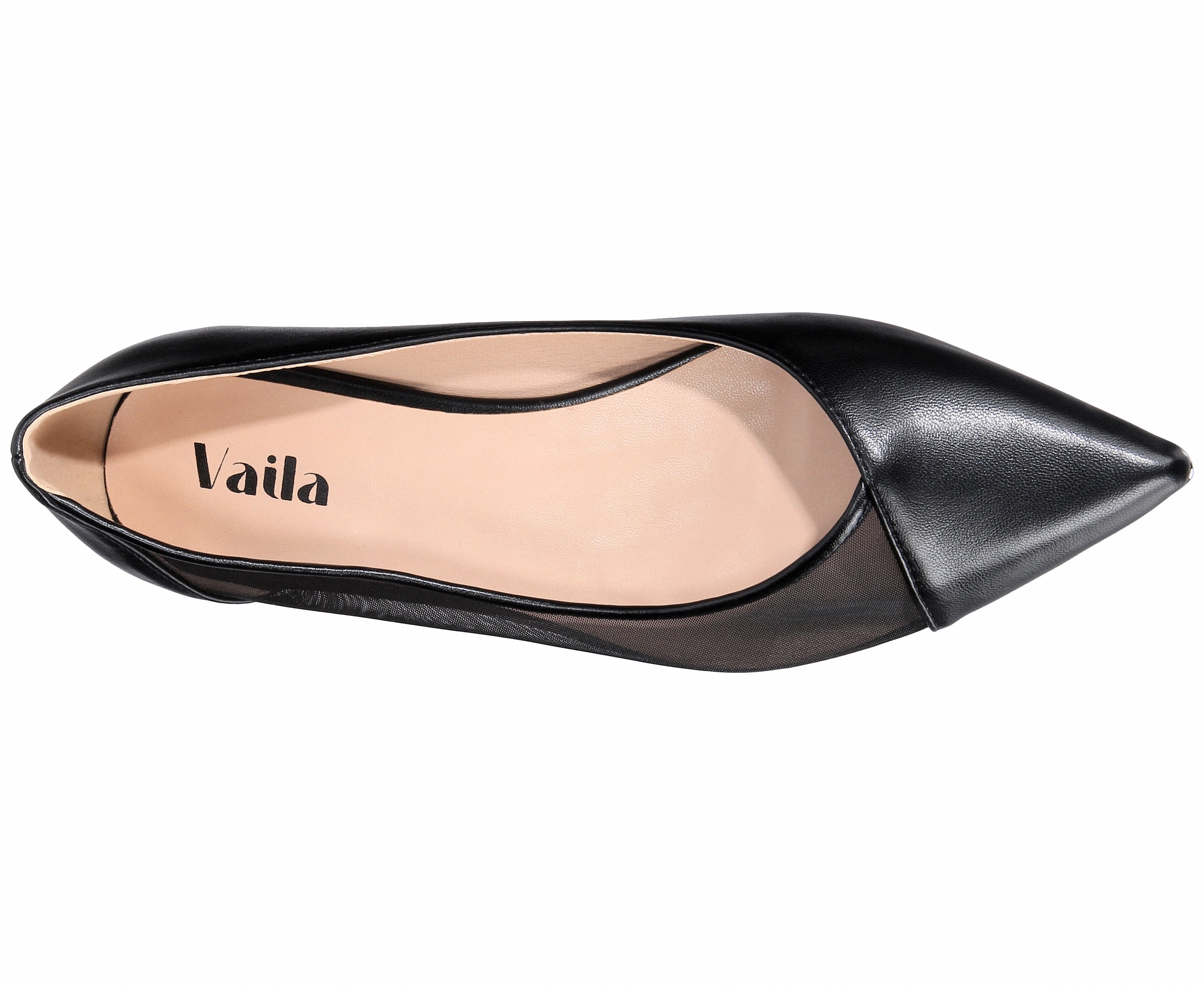 Black pointed-toe flat shoe with 'Vaila' branding on a white background