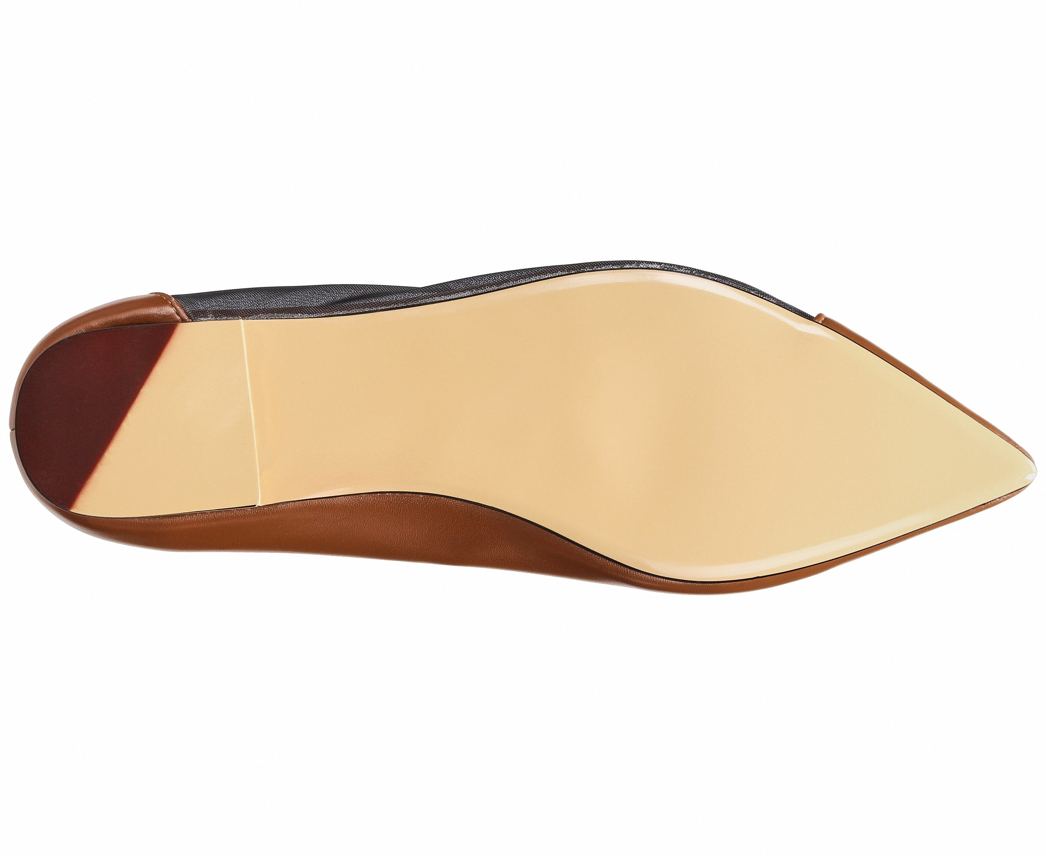 Close-up of a shoe sole with brown and black leather on a white background