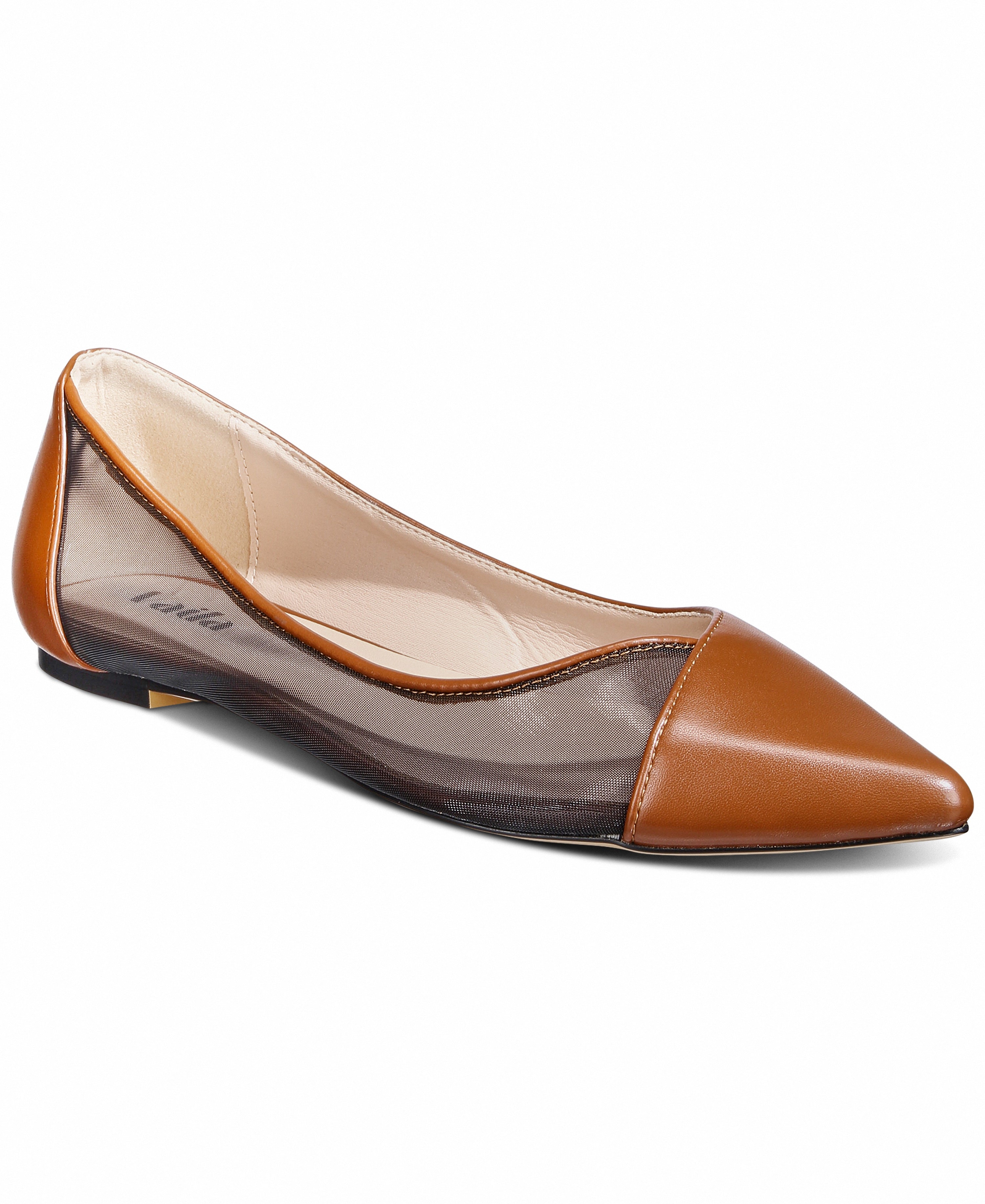 Brown and beige flat shoe on a white background