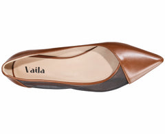 Brown pointed-toe shoe with 'Vaila' branding on a white background