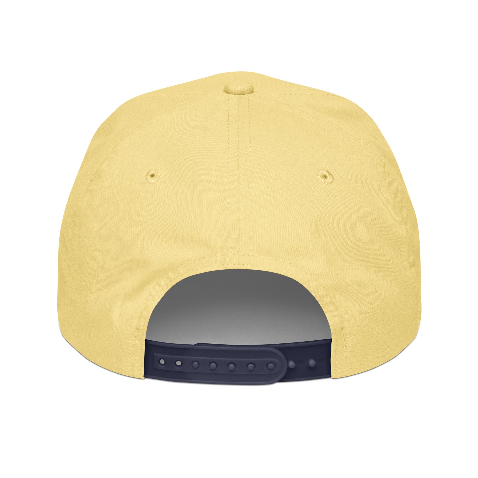 Yellow cap with a dark blue brim on a white background