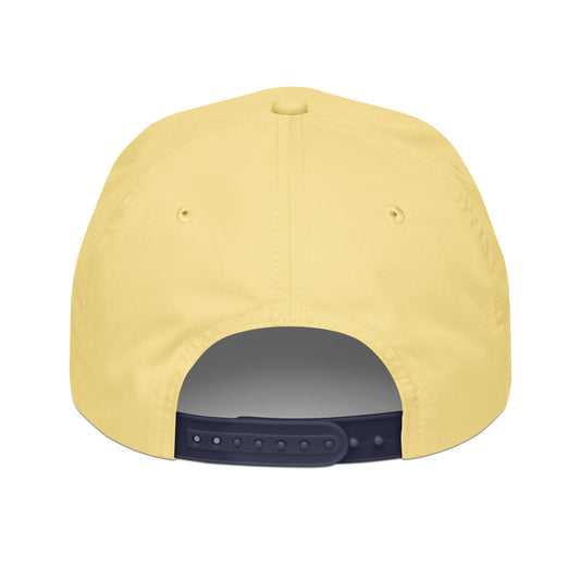 Yellow cap with a dark blue brim on a white background