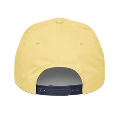 Yellow cap with a dark blue brim on a white background