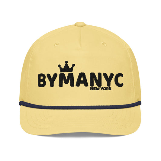 Yellow cap with 'BYMANYC New York' text on a white background